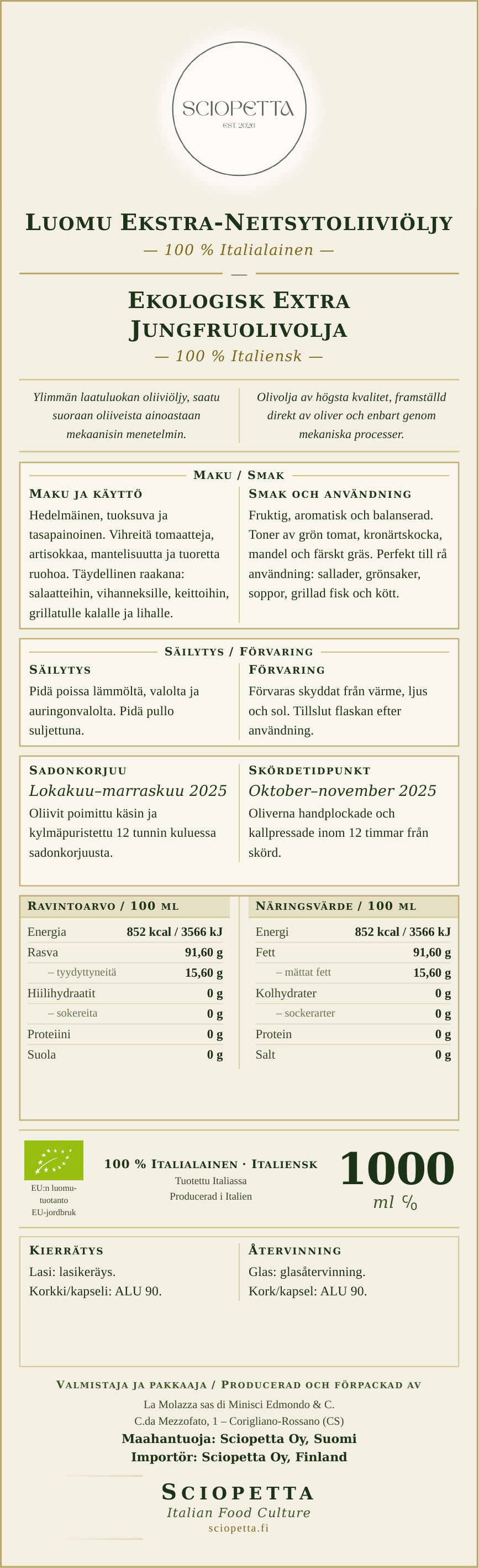 Sciopetta La Molazza Bio back label showing harvest date, tasting notes and origin